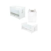 Set mobilier pentru copii, BabyNeeds: Patut multifunctional din lemn de pin, transformabil junior, cu sertar si somiera reglabila in 3 trepte, Nadia II, 120x60 cm + Saltea cocos-burete 10 cm + Comoda cu masa de infasat, Alb