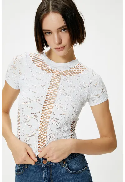 Tricou crop cu broderie - Alb