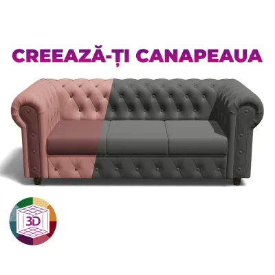 Canapea CHESTERFIELD fixa, 3 locuri, cu arcuri, 205x90x80 cm, Configurator 3D