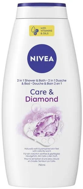 Nivea Gel de duș 2 în 1 și spumă de baie Care &amp; Diamond, 750 ml