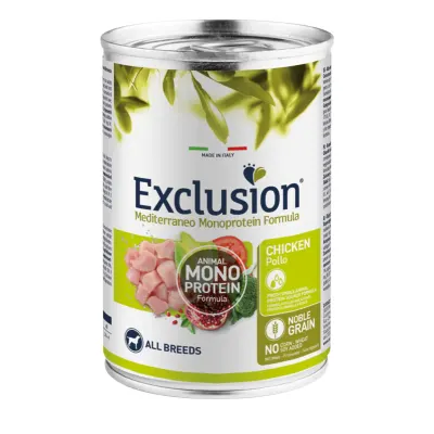 EXCLUSION Mediterraneo Monoprotein Formula, XS-XL, Pui, conservă hrană umedă monoproteică câini, (pate), 400g