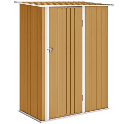 Outsunny Căsuță de Grădină 1.07m² din Oțel Zincat, Căsuță pentru Unelte cu Ușă Blocabilă, Acoperiș Înclinat, 142x86x189 cm, Galben | Aosom Romania