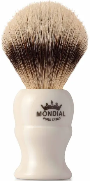 Mondial 1908 Perie de bărbierit cu păr din Silver Badger, mărime L, mâner fildeș