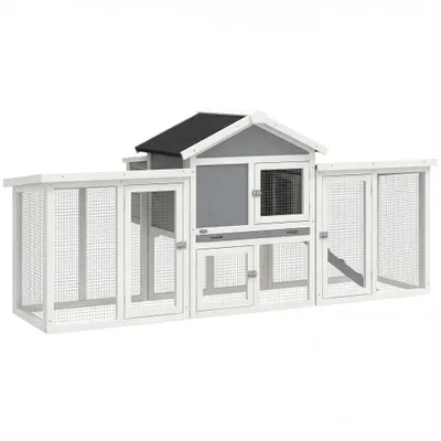 PawHut Coteț pentru exterior mare din lemn 204x85x93 cm cu cutie de cuibărit tarc tavă extractabilă și bară de cocoțat Gri | Aosom Romania