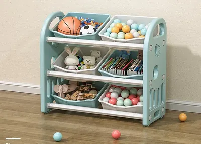 Organizator pentru jucarii Nichiduta Garden Butterfly Blue, cu 3 nivele si 6 cutii depozitare, margini rotunjite, 77x66x32 cm