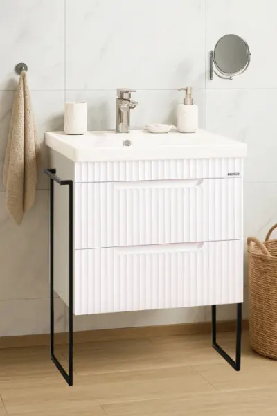 Set Baza front MDF si Lavoar seria 733, cadru metalic, sertare, montata, 60 cm, alb rustic
