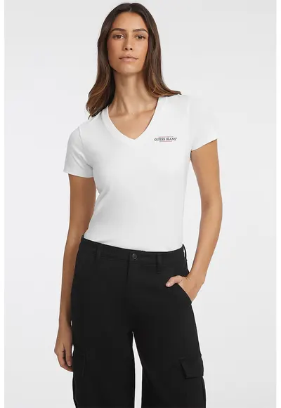 Tricou slim fit cu decolteu in V - Alb