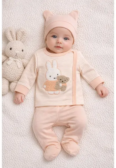 Set bebelus 3 piese bumbac cu iepuras bluza pantaloni caciula piersicadwqfwq - 0-3 - Multicolor