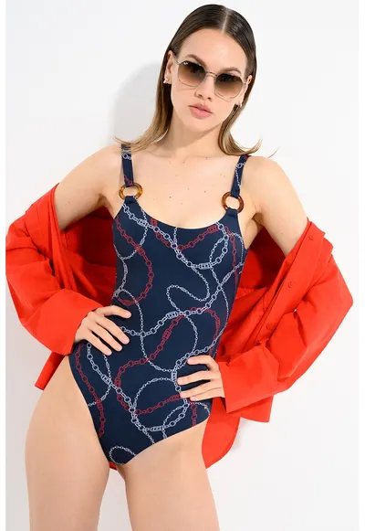 Costum de baie intreg cu imprimeu cu lant - Alb/Bleumarin