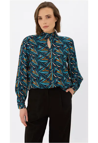 Bluza lejera cu maneci lungi - cu model abstract - guler cu volane - K-Banax - torquaz - Turcoaz/Multicolor