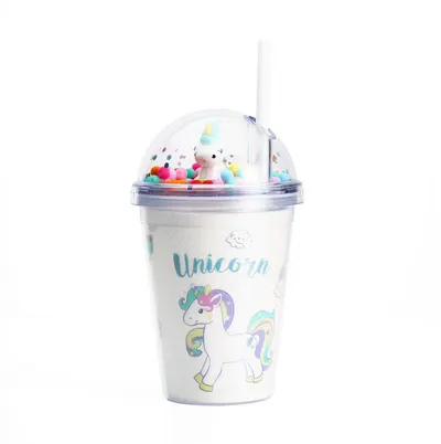 Cana cu Pai, Model Unicorn si Pom-Pom, Multicolor, Plastic, 300 ml MIX15001
