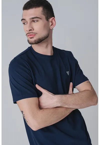 Tricou de bumbac cu decolteu la baza gatului - Bleumarin
