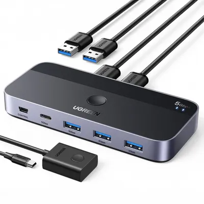 Switch USB UGREEN CM662, 3 x USB-A 3.0 - 1 x USB-C - 1 x miniUSB, Negru