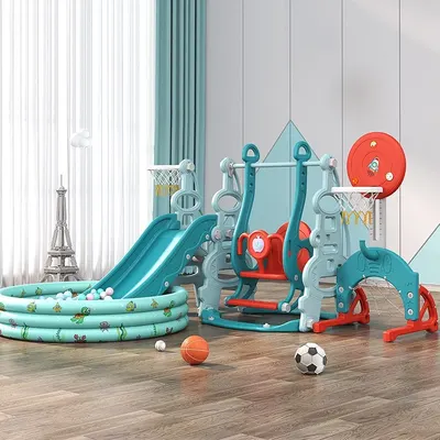 Spatiu de joaca 4in1 Nichiduta Garden Tower Blue cu tobogan, leagan cu bara de protectie detasabila, jucarie muzicala, cos de baschet, minge, poarta de fotbal si piscina cu 200 bile incluse