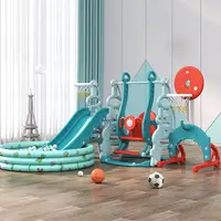 Spatiu de joaca 4in1 Nichiduta Garden Tower Blue cu tobogan, leagan cu bara de protectie detasabila, jucarie muzicala, cos de baschet, minge, poarta de fotbal si piscina cu 200 bile incluse