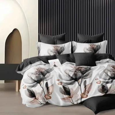 Lenjerie pat dublu, Finet, 6 piese, Alb, Negru, flori