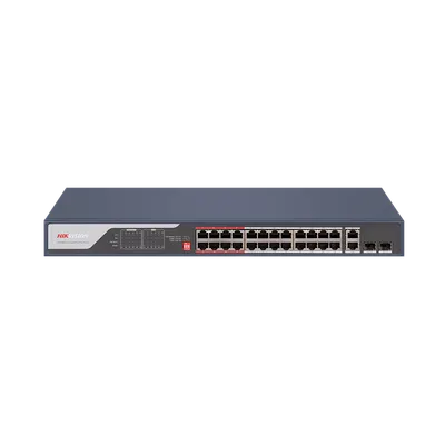 Switch PoE Hikvision DS-3E0326P-E(C): 24 x 10/100Mbps PoE port,2 × Gigabit combo, buget PoE 370 W, tensiune alimentare 100 to 24