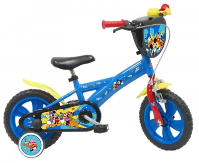 Bicicleta pentru copii Denver Mickey Mouse Albastra 12 inch, frana de mana pe ambele roti, clopotel, roti ajutatoare detasabile