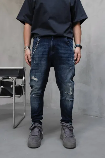 Blugi Loose Fit cu Lant, Efect Vintage Bgblack13(17418) (mărime: 33)