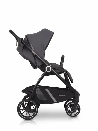 Carucior pentru nou nascut Euro-Cart Crox, cu cadrul de aluminiu, pliere compacta, scaun reversibil, cu 3 nivele de ajustare a spatarului, capotina si husa de picioruse, roti cu suspensii, pana la 22 kg, Iron