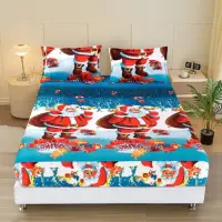 Cearsaf cu Elastic Cocolino 180x200cm si 2 fete de perna 50x70cm, Bleu, Mos Craciun