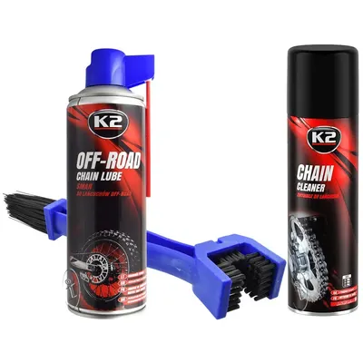 Set K2 Spray Curatat Lant Chain Cleaner 500ML W148NM + K2 Spray Lubrifiant Lant Chain Lube Off Road 500ML W140NM + Perie Curatat Lant Moto Gxm