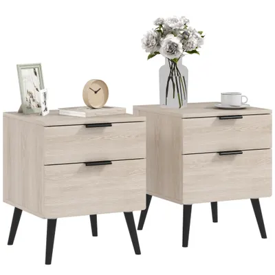 HOMCOM Set de 2 Noptiere cu 2 Sertare pentru Dormitor sau Camera de Zi, 40x40x50 cm, Lemn Natural | Aosom Romania