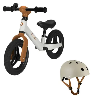 Bicicleta fara pedale, Lionelo, Toni, Cu ghidon si sa reglabile, Ultra usoara, 2.8 Kg, 18 luni+, Sustine 30 kg, Bej + Casca pentru copii, Reglabila 50-56 cm, Bej