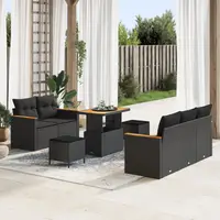 Set canapea gradina Gossi 8 piese cu perne negre din poliratan acacia, set dining gradina Gossi 3 piese cu perne negre din poliratan acacia