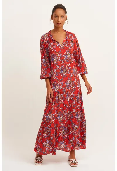 Rochie maxi cu imprimeu floral - Portocaliu/Rosu vermillion/Albastru