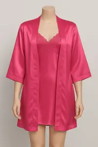 Set lenjerie satinată – halat și rochiță fără cordon,fuchsia