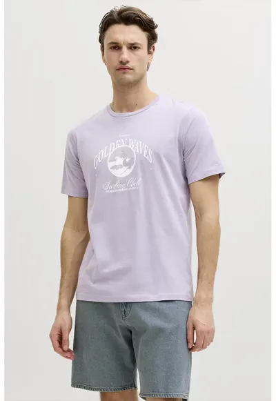 Tricou cu decolteu la baza gatului si imprimeu grafic - Lila