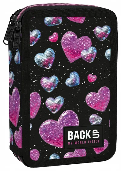 Penar cu rechizite BackUp 8 DW - Glitter Hearts, 2 fermoare