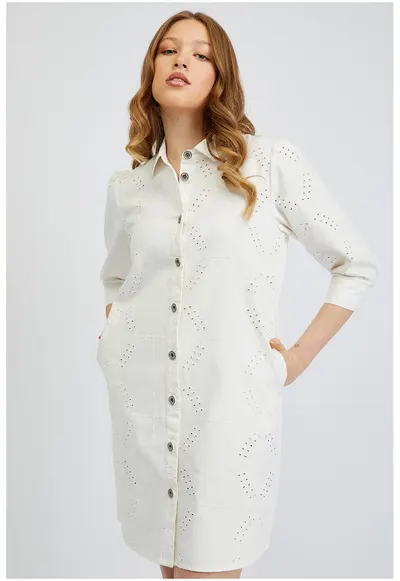 Rochie-camasa dreapta cu design perforat - Alb