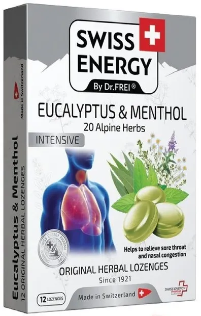 Eucalyptus and Menthol, cu 20 de plante medicinale, 12 tablete de supt, Swiss Energy