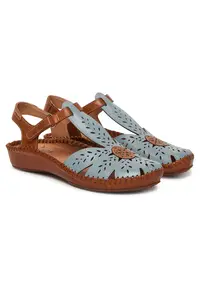 Sandale dama - piele naturala - albastru/maro - sistem inchidere Velcro