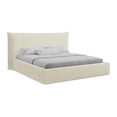 Pat matrimonial bej tapițat cu spațiu de depozitare cu somieră 160x200 cm Esala – Makamii