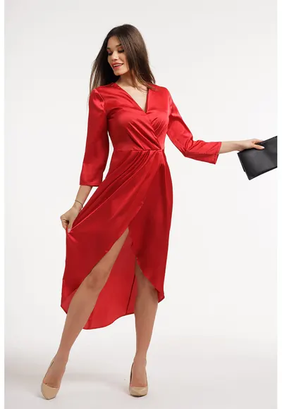 Rochie din satin cu decolteu in V - Rosu vermillion