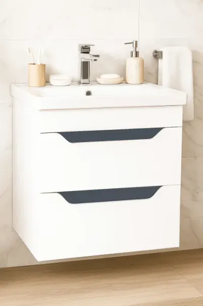 Set Baza front MDF si Lavoar seria 756, suspendata, cu sertare, 60 cm, alb + antracit