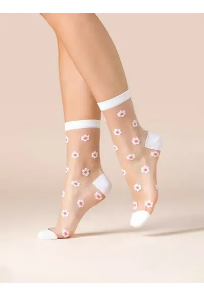 Sosete albe cu margarete roz 525 Daisy 20 den - Alb/Roz