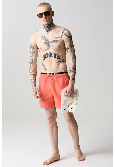 Pantaloni scurti de baie cu snur si banda logo - Roz aprins