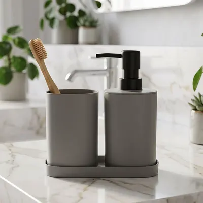 Set accesorii de baie, 3 piese, culoare gri, design modern