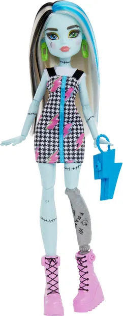 Păpuşă Monster High - Frankie Stein, purtând o rochie scurtă și pantofi roz, 27 cm