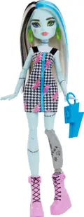 Păpuşă Monster High - Frankie Stein, purtând o rochie scurtă și pantofi roz, 27 cm