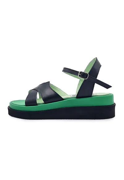 Sandale din piele cu talpa wedge si aspect contrastant - Verde/Negru