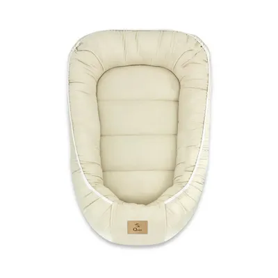 Cosulet bebelus, Qmini, Pentru dormit, Baby Nest 55 x 75 cm, Husa 100% muselina dubla, Material certificat Oeko Tex Standard 100, Warm beige