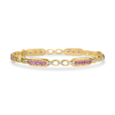 Bratara din aur galben cu safire roz de 3.75ct si diamante baguette si rotunde de 0.9ct