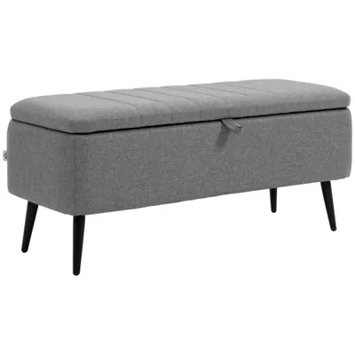 HOMCOM Bancă cu spațiu de depozitare, bancă tapițată cu aspect de in, cutie de depozitare cu picioare din oțel 102 x 40 x 44 cm, Gri | Aosom Romania