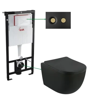 Set vas wc negru suspendat cu capac, rezervor si clapeta negru auriu mat Alcaplast M1978-7