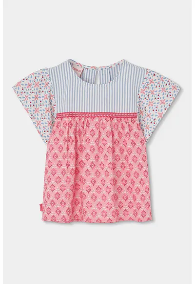 Bluza cu aplicatii si maneci fluture - Alb/Coral/Albastru prafuit